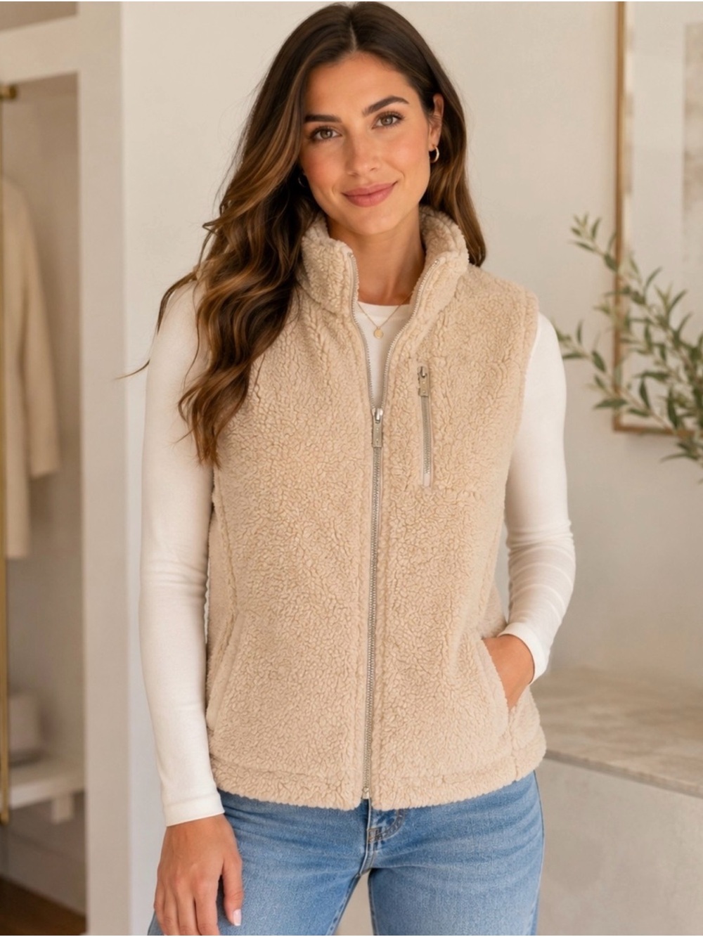 Calvin Klein Cream Sherpa Zip Vest